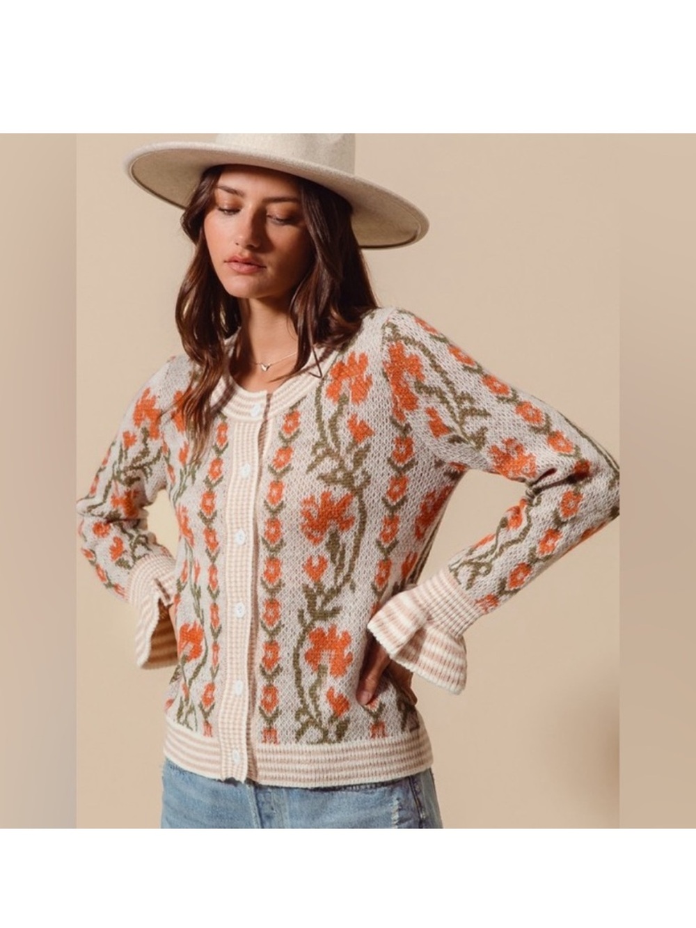 So Me Floral Knit Cardigan in Cream and Rust